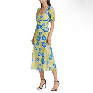 GANNI Crisscross Abstract-Printed Mesh Puff-Sleeve Midi Dress New w/Tag $445